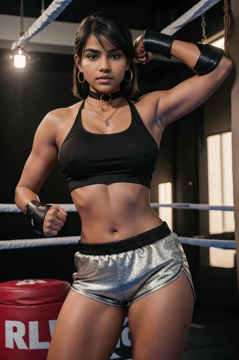 An 18 year old topless short indian boxing girl, baby face, tight black shorts, full body shot, choker necklace, hoola earrings, slim waist, short hair, voluptuous body, extra large breasts, high quality, 8k, photorealistic, detailed portrait, cinematic li...