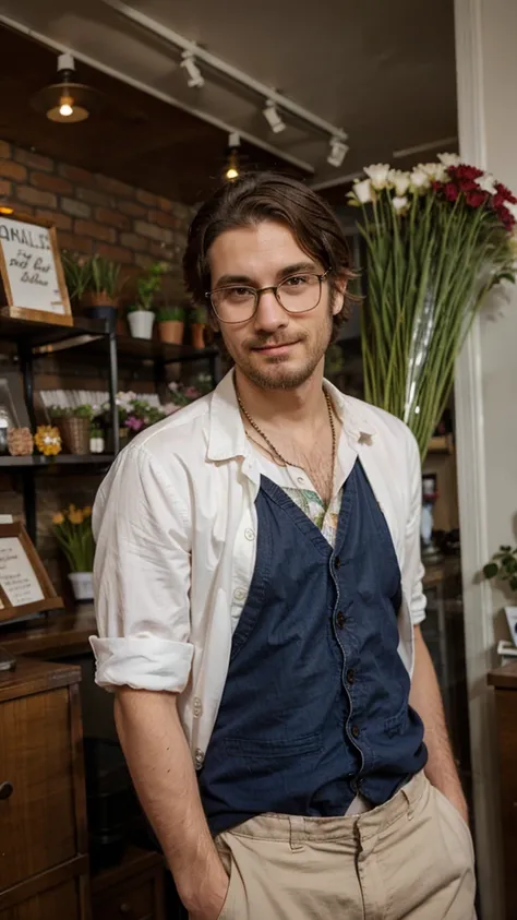 hipster man, wearing shirt and trousers, staying in the flower shop, smirk