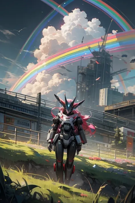 anime style, super fine illustration, highly detailed, dynamic angle, beautiful detailed, 8k, Rainbow over the meadow under the clowly on a battle day. BREAK Cute anthropomorphic Robot is sadly walking, under the rainbow. BREAK Robot in colorful harmonize ...