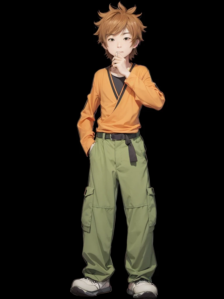 A Japanese guy, in orange shirt, with green pants, with scattered light brown hair.