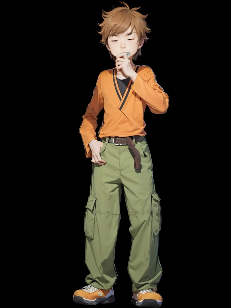 A Japanese guy, in orange shirt, with green pants, with scattered light brown hair.