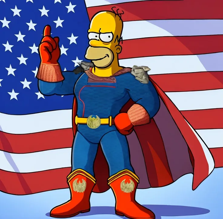 smug loooking homer simpson as homelander from the series the boysm clean edge lines