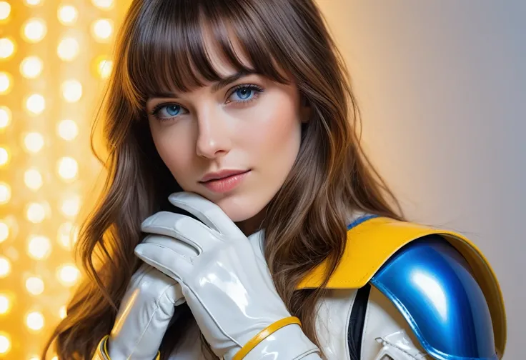 realistic acrylic art, vivid colors, lateral point of view, a beautiful european woman with long hair, bangs, looking at the viewer with suspicious face and a shy smile, she wears white BLUE hy-glossy TOTALLY SMOOTH plastic armor, gloves, a sophisticated b...