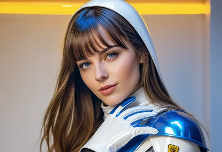 realistic acrylic art, vivid colors, lateral point of view, a beautiful european woman with long hair, bangs, looking at the viewer with suspicious face and a shy smile, she wears white BLUE hy-glossy TOTALLY SMOOTH plastic armor, gloves, a sophisticated b...