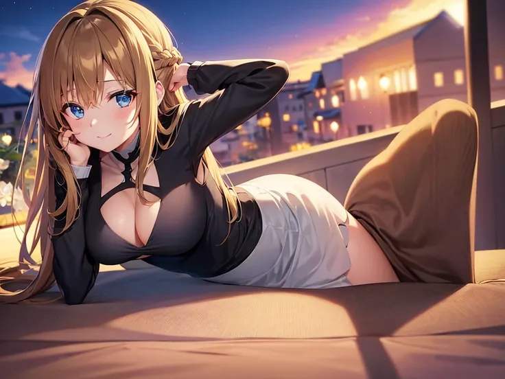 asuna,sao, crown half up hairstyle,, leaning forward, woman, light brown hair, happy, cleavage cutout, beautiful detailed blue eyes, black Clothes, dusk sky, dusk, sunset,