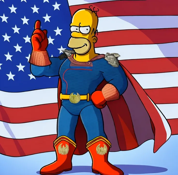 smug loooking homer simpson as homelander from the series the boysm clean edge lines