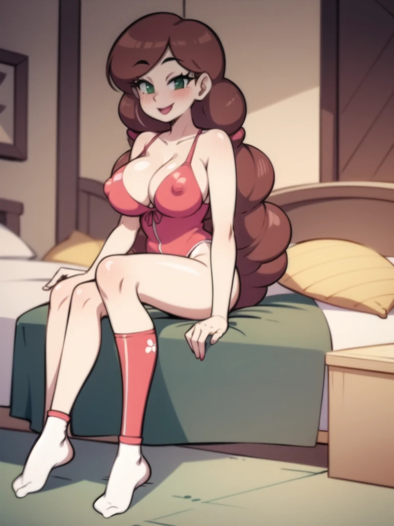 NSFW,1 girl,marcos mom,smiling, brown hair, long hair,green eyes,blush,lipstick,huge breasts,full body view, showing breasts,touching herself,blush,sitting at bed,svtfoe styled bedroom,wearing green long socks, wearing garterbelt