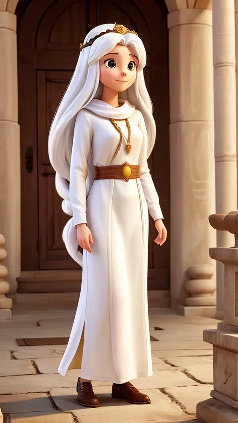 Woman with long monkey hair, White skin, long tunic clothing like jesus, with a crown