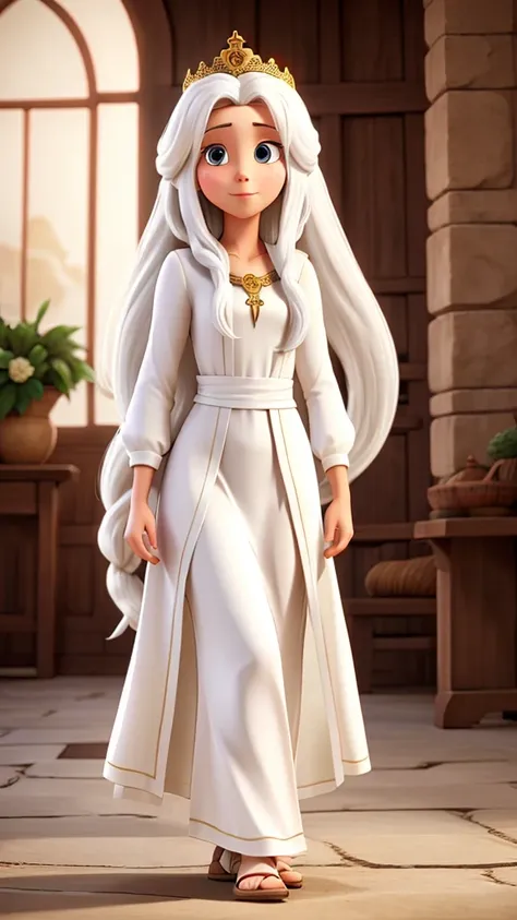 Woman with long monkey hair, White skin, long tunic clothing like jesus, with a crown