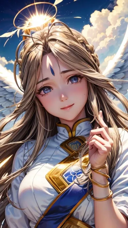 belldandy, long hair, blue eyes, brown hair, facial blemishes, forehead mark, mature woman, smile, 【【big wings】】, choker, lots o...