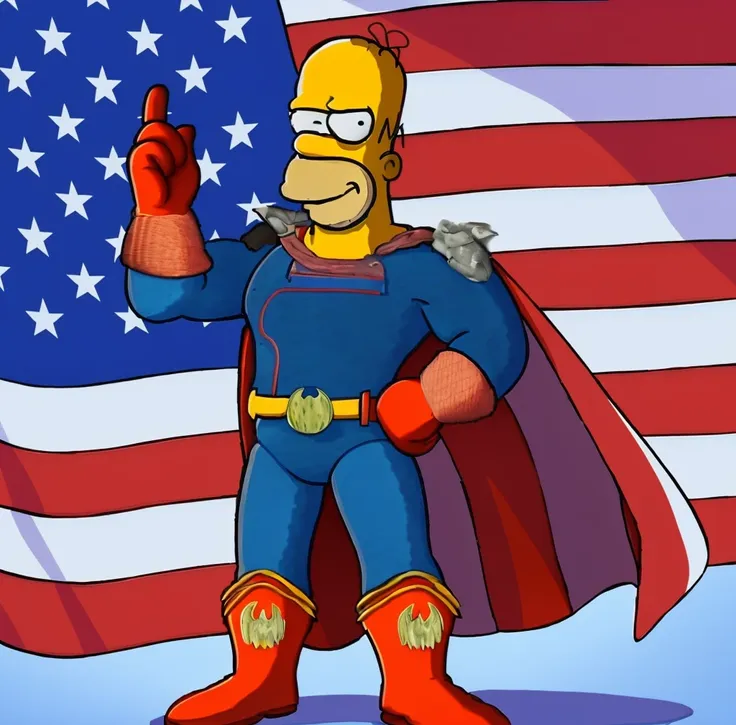 smug loooking homer simpson as homelander from the series the boysm clean edge lines