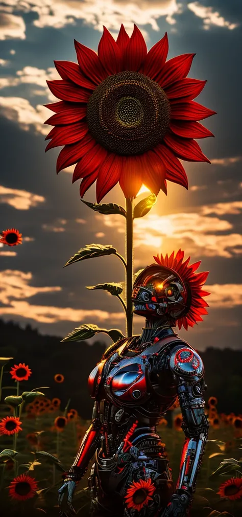 Create a picture of a 3D red sunflower 3d Realstric (cyborg:1.1), hdr, details, hyperdetailed:1.2), Vignette, centered