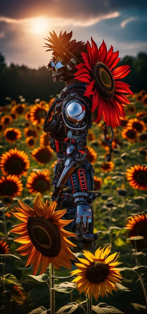 Create a picture of a 3D red sunflower 3d Realstric (cyborg:1.1), hdr, details, hyperdetailed:1.2), Vignette, centered