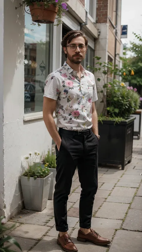 hipster man, wearing shirt and trousers, posing with flower pot