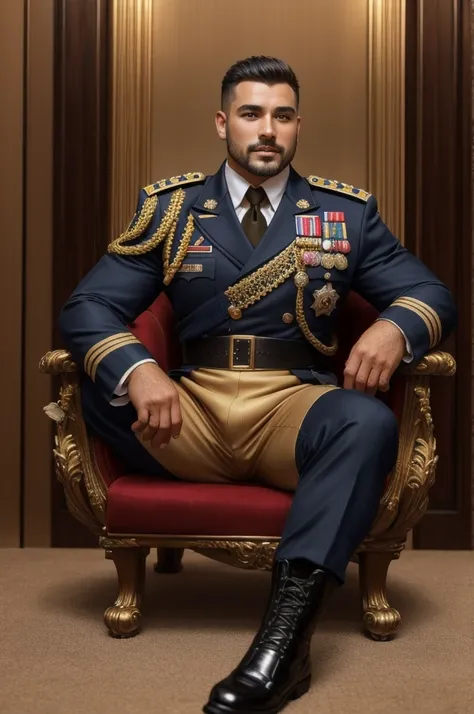 full body portrait of a handsome general,sitting on the chair,luxury hall,military formal suit,black military boots,mature,manly,legs spread,shot from below,