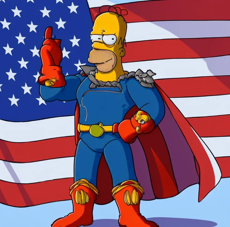 smug loooking homer simpson as homelander from the series the boysm clean edge lines