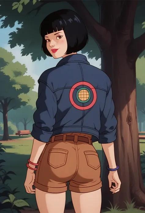 score_9, score_8, score_7, score_8_up, score_7_up, score_6_up, solo, xgix,1girl,black hair,bob cut,blunt bangs,brown eyes,lipstick,bracelet, shirt,jacket,belt,brown shorts, in wood, standing by tree, bending over, ass, back view, shy smile, blush,