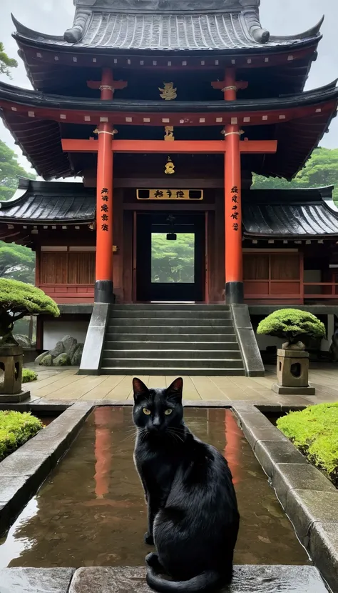 Cat in the back、black cat、Big cat、Studio Ghibli style、Japanese style、Japan、A shrine in the background、Temple、Wet day、Highest quality、Ultra-fine、Cloudy、anime