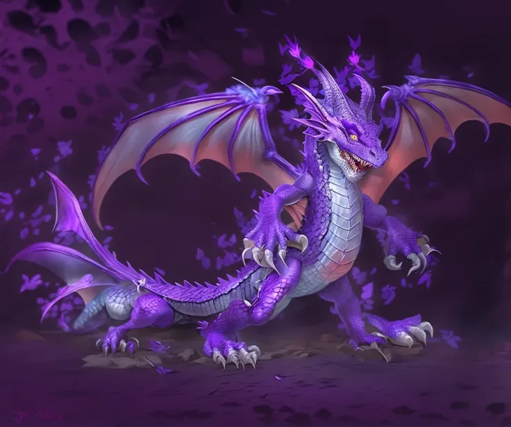 purple dragon, baby dragon, vibrant purple scales, a pair of open wings, no horns rpg, dungeons & dragons,white backgrond, concept art
