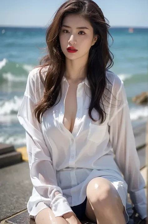 (Gray background、pubic hair、Large Breasts、Thighs、Red lipstick、(((Glaring)))、Curly Hair、Disheveled Hair、Cute woman、high school girl、White shirt、Navy frill mile、Open chest shirt、A wet shirt with underwear showing through、Wet Hair、Gazing at the sea、