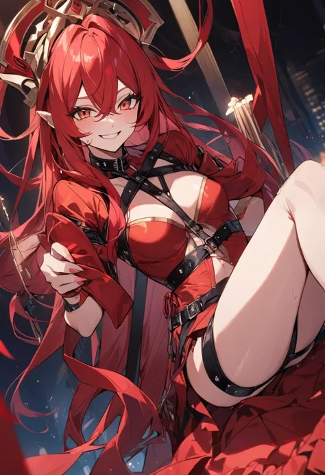 goddess(red long hair, black bondage), smiling,