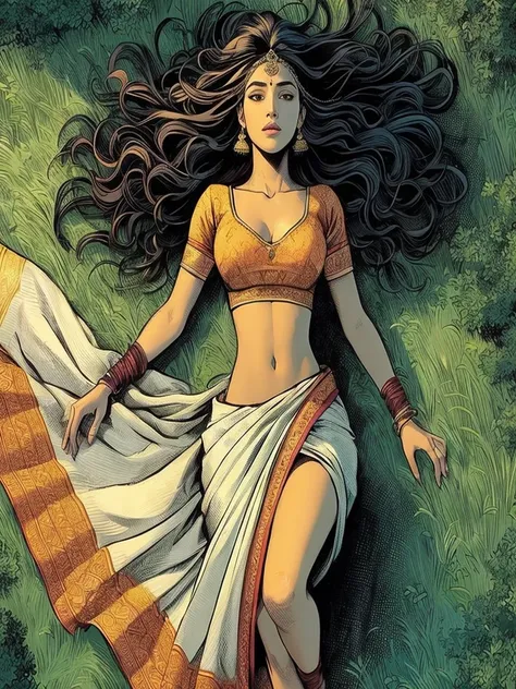 A depiction of a 35-year-old woman sleeping gracefully on a bed of grass in a serene forest. She is dressed in a traditional lehnga choli, the intricate patterns and vibrant colors of her attire standing out against the lush green background. The scene exu...