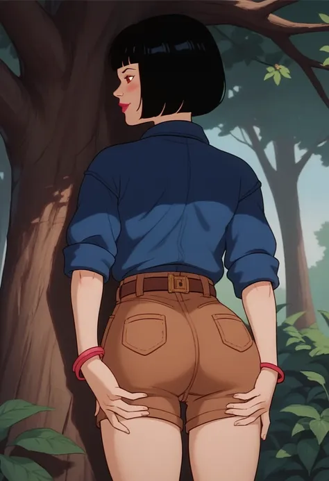 score_9, score_8, score_7, score_8_up, score_7_up, score_6_up, solo, xgix,1girl,black hair,bob cut,blunt bangs,brown eyes,lipstick,bracelet, shirt,belt,brown shorts, in wood, standing by tree, bending over, ass, back view, shy smile, blush, hands on ass, 