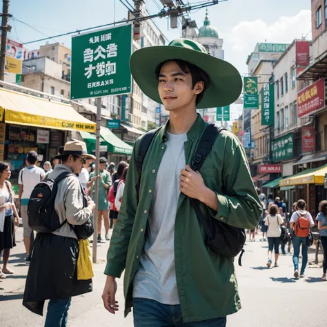 Create an image of a man wearing green clothes and a hat, carrying a backpack, and exploring the world with a sense of freedom and optimism. Surround him with a vibrant and dynamic background, featuring bustling city streets, exotic landscapes, or colorful...