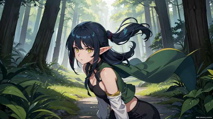 Sexy, revealing outfit, Create a full-body shot of a female character with long, dark blue hair and a white streak on one side. She has large, expressive yellow eyes and pointed elf-like ears. She is wearing a green jacket over a black top, and her express...