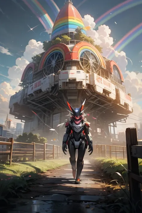 anime style, super fine illustration, highly detailed, dynamic angle, beautiful detailed, 8k, Rainbow over the meadow under the clowly on a battle day. BREAK Cute anthropomorphic Robot is sadly walking, under the rainbow. BREAK Robot in colorful harmonize ...