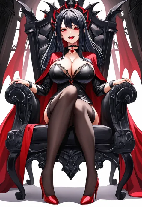 sexy asian woman, big breasts , vampire cosplay, leather, black and red cape, choker, vampire teeth, sitting in a gothic throne,...