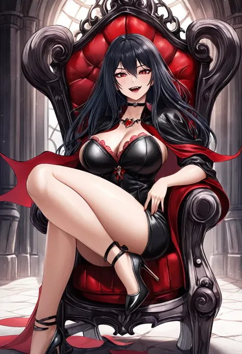 sexy asian woman, big breasts , vampire cosplay, leather, black and red cape, choker, vampire teeth, sitting in a gothic throne,...