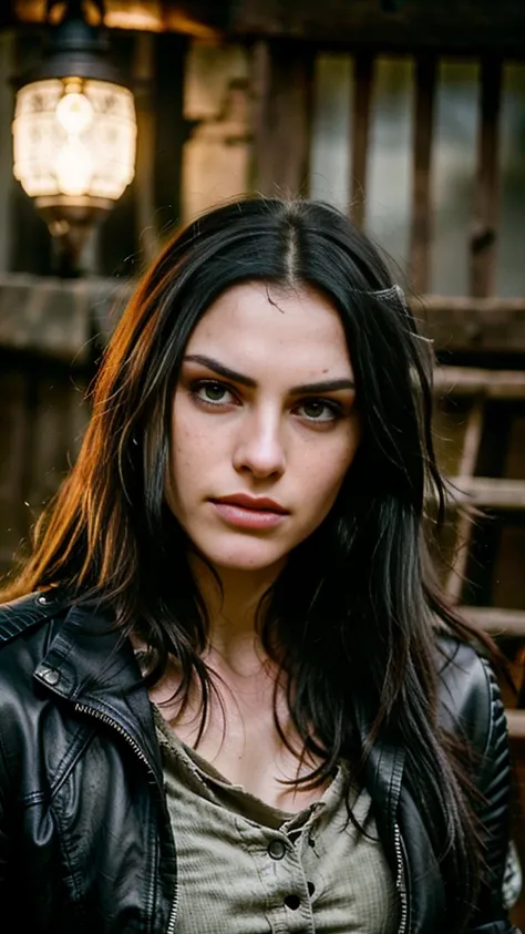 beautiful warrior with long black hair, Ela se parece com Yennefer de The Witcher, She wears a leather jacket , your face is stained with blood and freckles, His skin is white, and his expression is angry