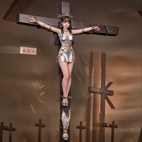 best quality, masterpiece, highres, 1girl,(((crucifixion pose,nailed to cross))), (full body shot:2), transparent silk china dre...