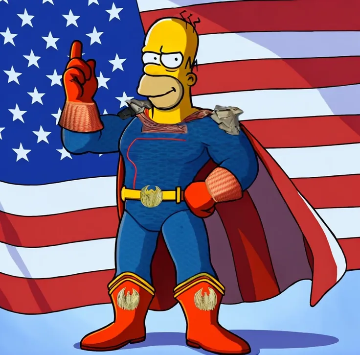 smug loooking homer simpson as homelander from the series the boys