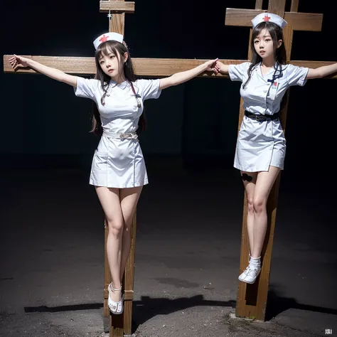 (((japanese young girls wearing white nurse uniform))), (((crucifixion pose,nailed to cross))), (full body shot:2), dynamic angl...