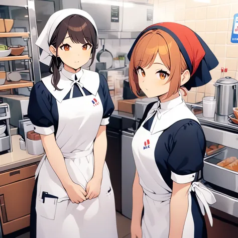 infu, Black Dress, employee uniform, Multiple Girls, Two Girls, indoor, Holding, short sleeines, Brown Hair, kitchen, White apron, in, Are standing, Collared dress, Head scarf, uniform, shop, 
Highest quality,  High resolution, Very detailed
 