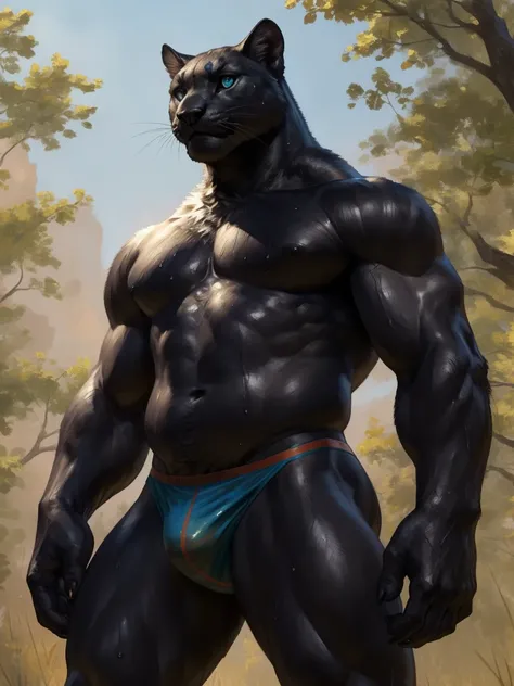 (masterpiece,Highest quality,Very detailed,Perfect Anatomy),kemono,Taran Fiddler,alone,Humanity,Black Panther,naked,Muscular (Black fur:1.5,black body:1.5), Beautiful eyes,naked,very low angle,Look this way,underwear,Sweat,whole body濡れる,Wet body,Sharp Claw...