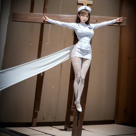 (((japanese young girls wearing white nurse uniform and pantyhose))), (((crucifixion pose,nailed to cross))), (full body shot:2)...