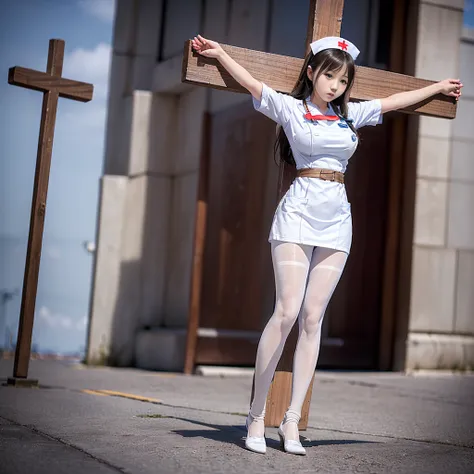 (((japanese young girls wearing white nurse uniform and pantyhose))), (((crucifixion pose,nailed to cross))), (full body shot:2)...