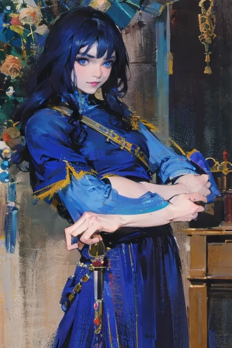 a deep blue-haired girl wields the heavy thrusting swords from within the elden ring in a reverse grip.