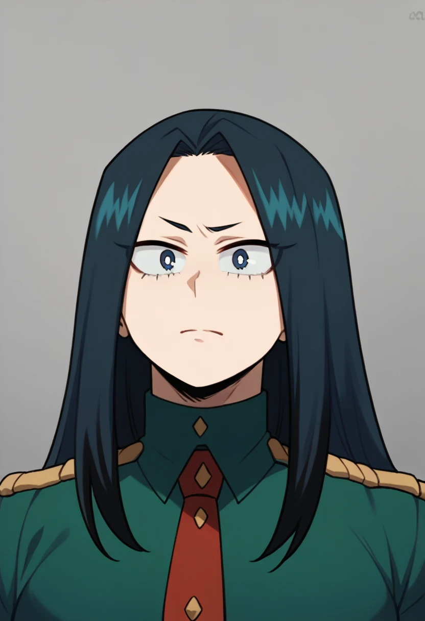 create a my hero academia-style girl, with straight navy blue hair with black highlights, grayish blue eyes, with a gray, green ...