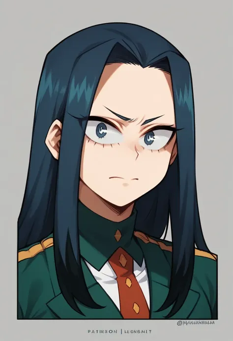 create a my hero academia-style girl, with straight navy blue hair with black highlights, grayish blue eyes, alpha eyes, long ha...