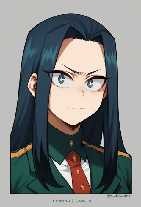 create a my hero academia-style girl, with straight navy blue hair with black highlights, grayish blue eyes, alpha eyes, long ha...