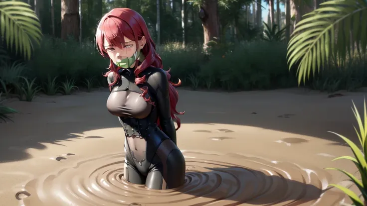 (black bodysuit, grey bodysuit:1.4), kirijou mitsuru, (red eyes, long hair, messy hair, red hair:1.4), 1girl, (gag, gagged, tape gag, restrained:1.4), (((fear, tears, crying))), thigh gap, (((large breasts))), ((a girl is sinking into quicksand)), ((quicks...