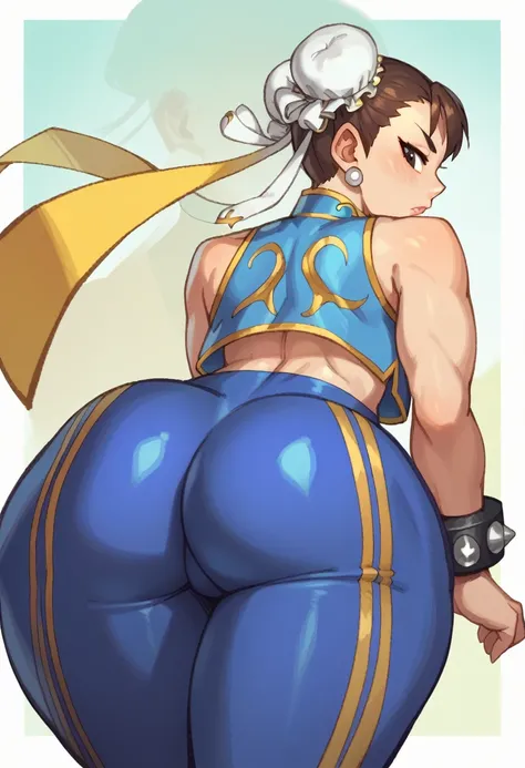 CHUN-LI, brown eyes, double bun, yellow ribbon, blue bodysuit, crop top, sleeveless, wide ass, from behind,