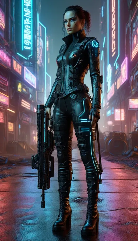 (ohwx woman), full body shot, cyberpunk woman sniper, cyberbody, cablelink connected to sniper rifle, dynamic shooting pose, aim...