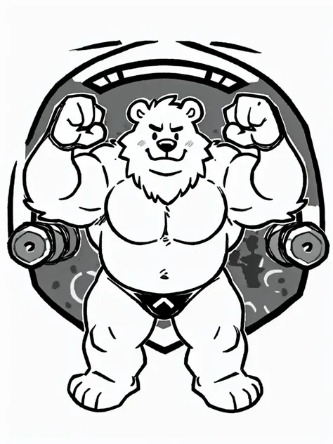 Polar bear face,Cute face,Humanity(polar bear), (without shoes) , Chubby, muscular character, bare chest, black competitive briefs, strong thigh, (grey eyebrows:1.1),(perfect black eyes), gym background,print style。（Artist:Takemoto Arashiundefined, undefin...