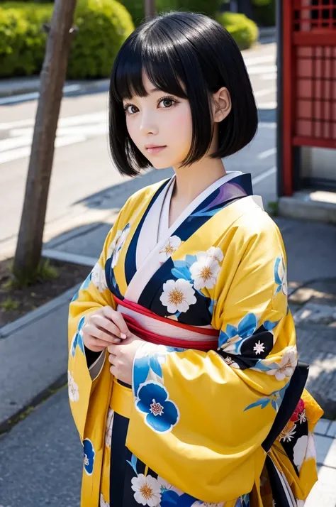 Girl in Japanese style kimono、Black Hair、Bob、anime