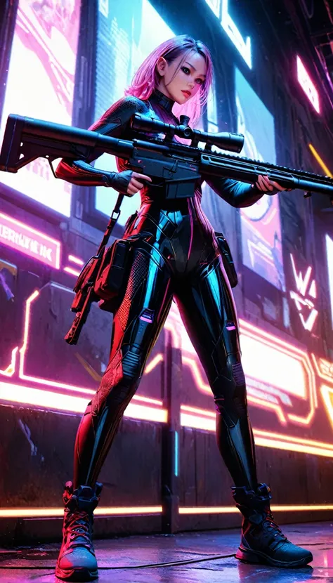 (ohwx woman), full body shot, cyberpunk woman sniper, cyberbody, cablelink connected to sniper rifle, dynamic shooting pose, aim...